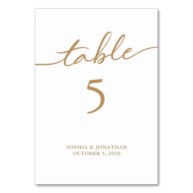 Table 5 Gold Calligraphy Personalised Wedding Table Number (Front)