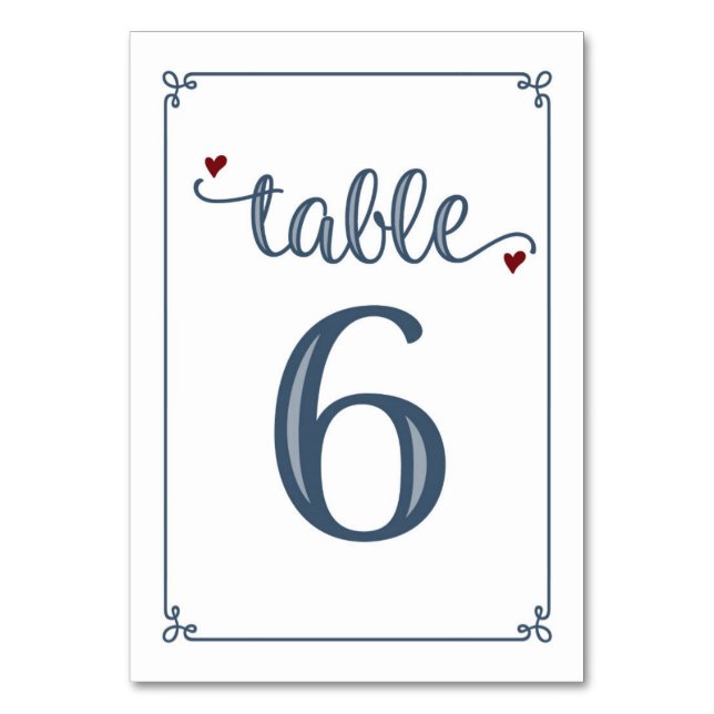 "Table 6" Dusty Blue & Dark Red Table Number (Front)