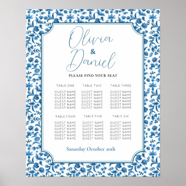 Table 6 Seating Plan Wedding Chintz Blue & White  Poster (Front)