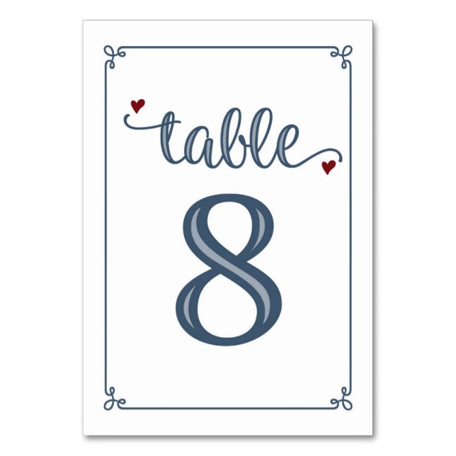 "Table 8" Dusty Blue & Dark Red Table Number (Front)