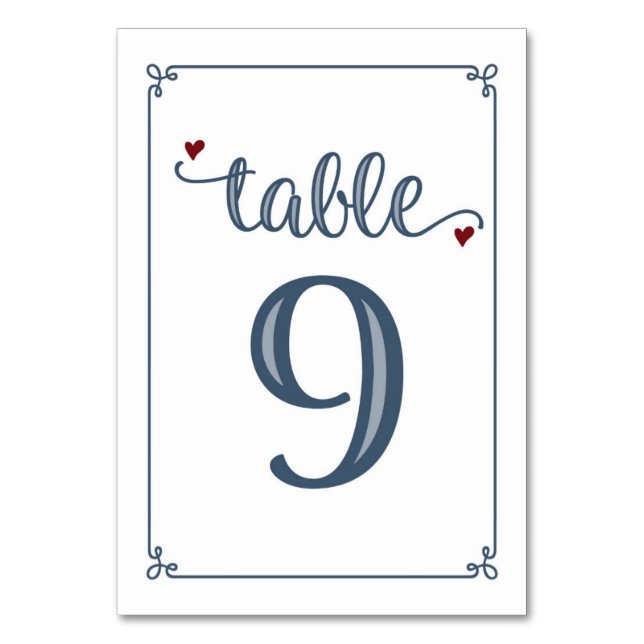 "Table 9" Dusty Blue & Dark Red Table Number (Front)