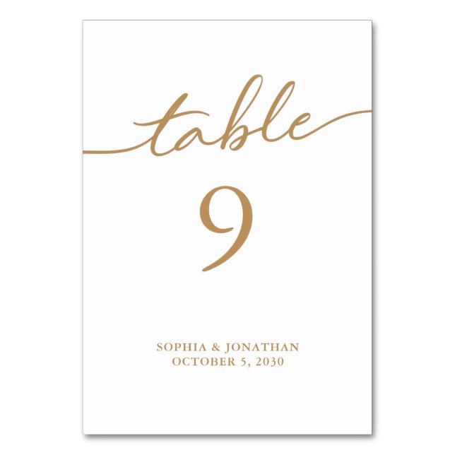 Table 9 Gold Calligraphy Personalised Wedding Table Number (Front)