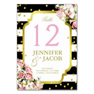 Table Card   Stripes, Gold Confetti, Pink Roses