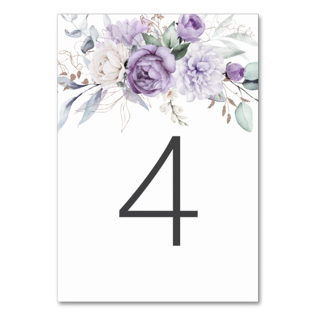 Table Four Watercolor Purple Floral Wedding Table Number (Front)