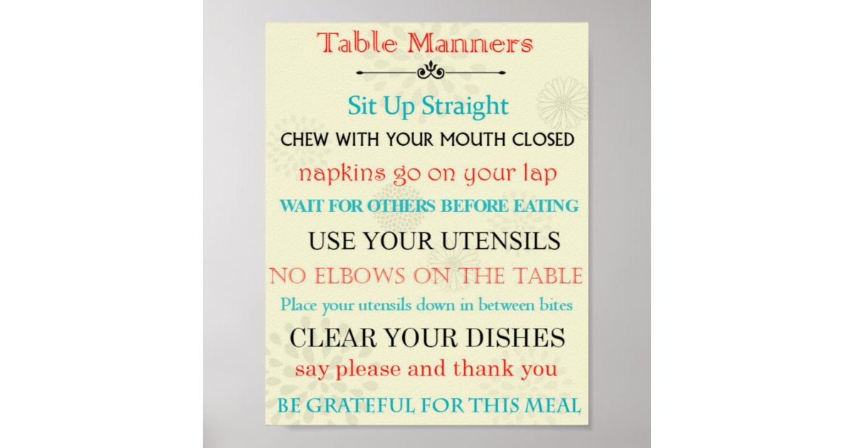 Table Manners Reminder Poster Zazzle