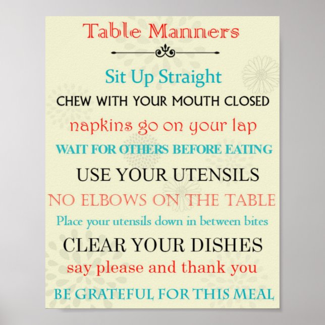 Table Manners Reminder Poster (Front)