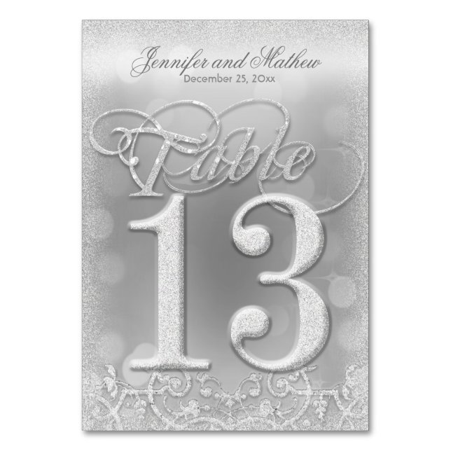 Table Number 13 Elegant Silver Faux Glitter (Front)