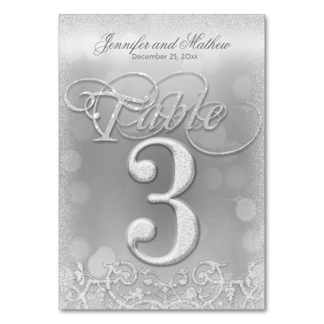 Table Number 3 Elegant Silver Faux Glitter (Front)