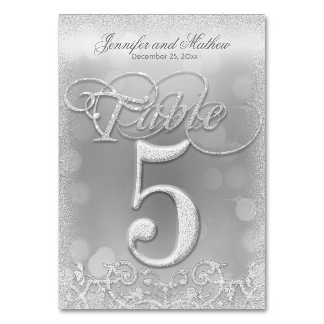 Table Number 5 Elegant Silver Faux Glitter (Front)