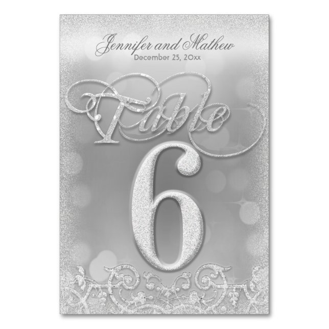 Table Number 6 Elegant Silver Faux Glitter (Front)