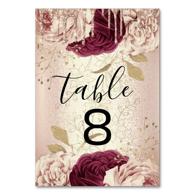 Table Number 8 Drips Florals Rose Marsala Burgundy (Front)