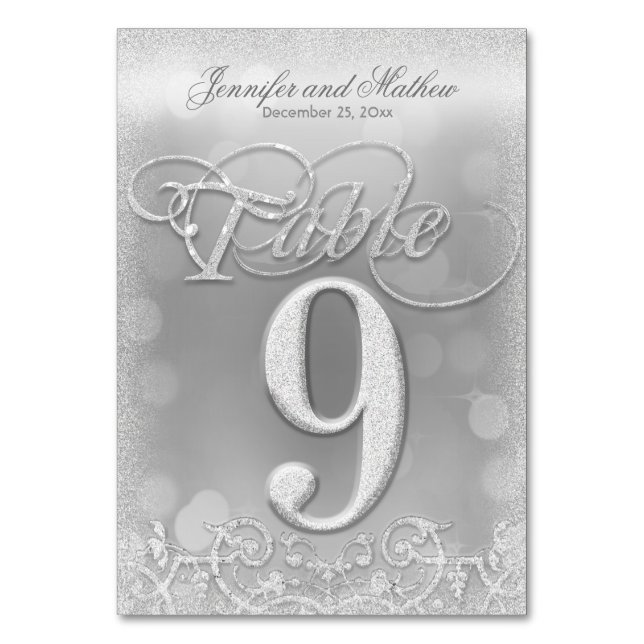 Table Number 9 Elegant Silver Faux Glitter (Front)