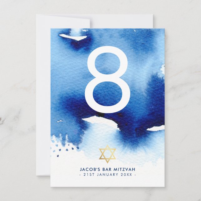 TABLE NUMBER Bar Mitzvah gold star blue watercolor (Front)