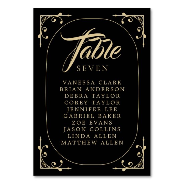Table Number Black Elegant Deco Gold Retro Wedding (Front)