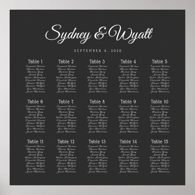 Table Number Black Wedding Seating Chart Poster (Front)