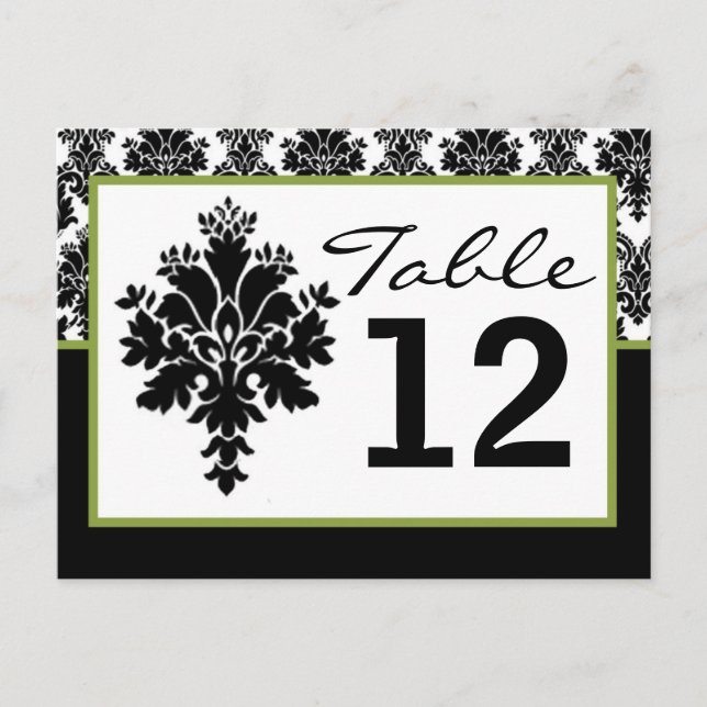 Table Number Card Black Green Damask Lace Print (Front)