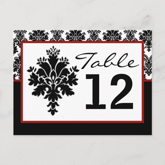 Table Number Card Black Red Damask Lace Print (Front)