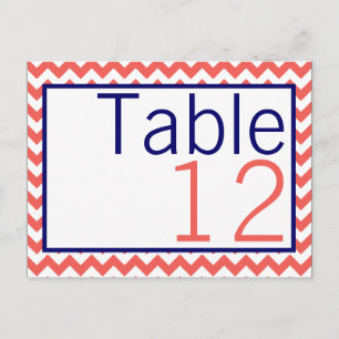Table Number Card Coral Navy Blue Chevron Name