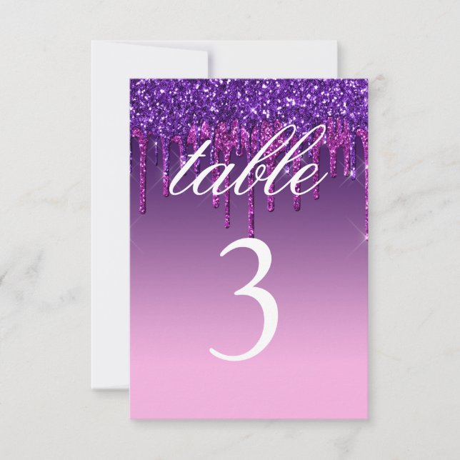 Table Number Card - Purple & Pink Glitter Drip (Front)