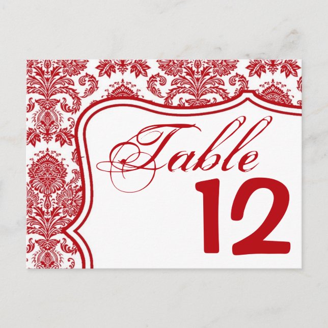 Table Number Card Red Crim White Damask Lace Print (Front)