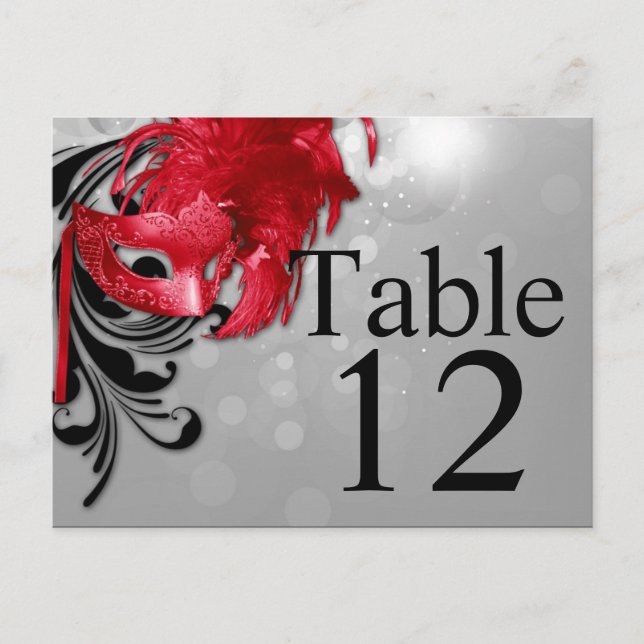 Table Number Card Red on Silver Masquerade (Front)