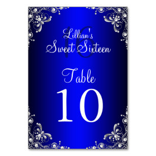 Table Number Card Royal Blue Sweet 16 Silver Pearl