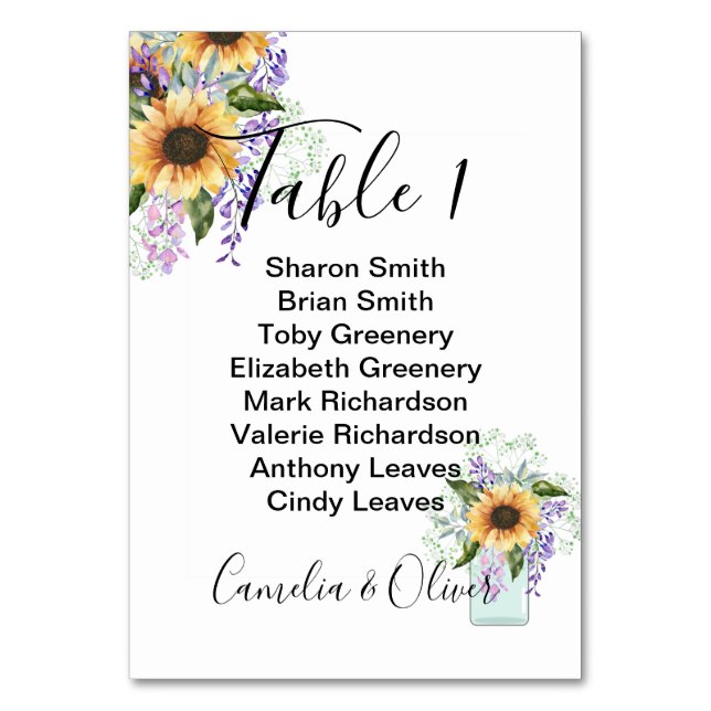Table Number Card Sunflowers Purple Wisteria (Front)