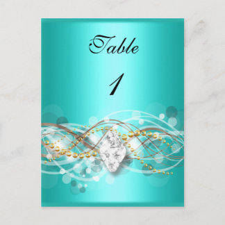Table Number Card Teal Blue Gold Diamond Jewel