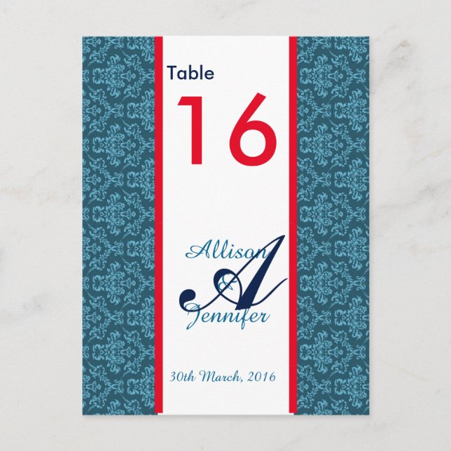 Table Number Cards Damask Blue (Front)