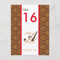 Table Number Cards Damask Brown Orange Red
