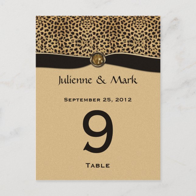 Table Number Cards Leopard Print FAUX Ribbon Jewel (Front)