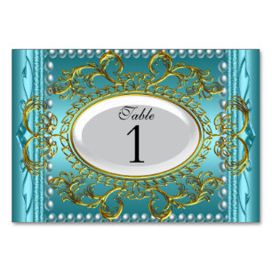 Table Number Cards Royal Teal Blue White Gold
