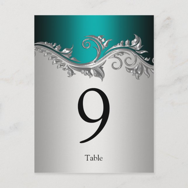 Table Number Cards Vintage Teal Black Silver (Front)