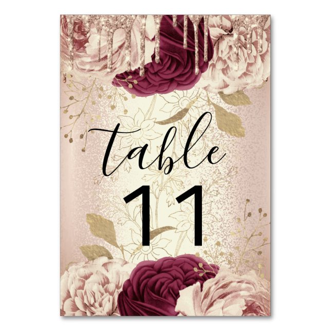 Table Number Drips Florals Rose Marsala Burgundy (Front)