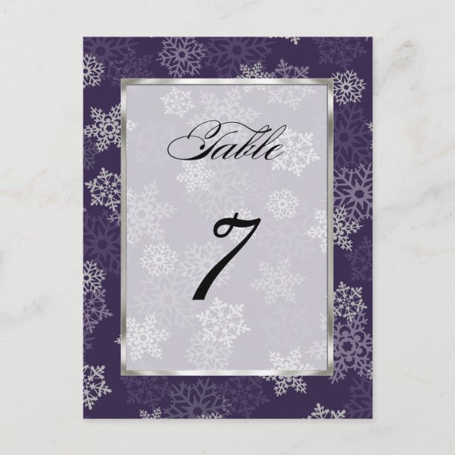 Table Number Eggplant White Snowflakes Postcard (Front)