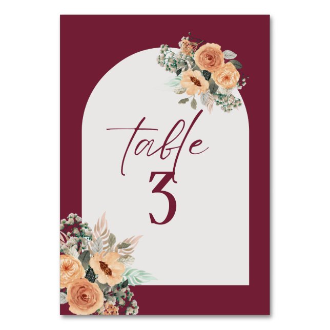 Table number, Elegant burgundy floral Table Number (Front)