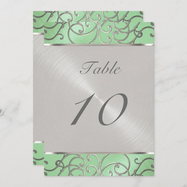 Table Number Elegant Mint Green Silver Filigree (Front/Back)
