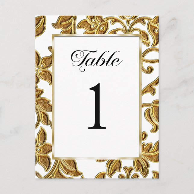 Table Number Embossed Gold Damask Postcard (Front)