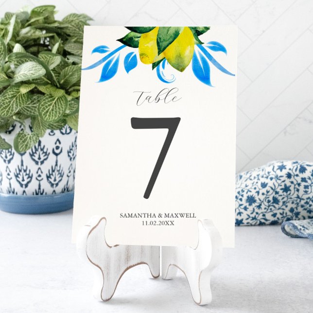 Table Number Lemons Italian Wedding (table number card template botanical blue and yellow lemons watercolor art by Victoria Grigaliunas)