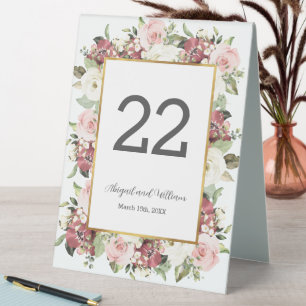 Table Number Mauve Pink Florals Gold Wedding Sign