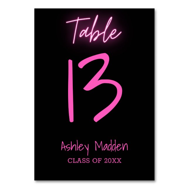 Table Number Neon Pink Script Graduation Party (Front)