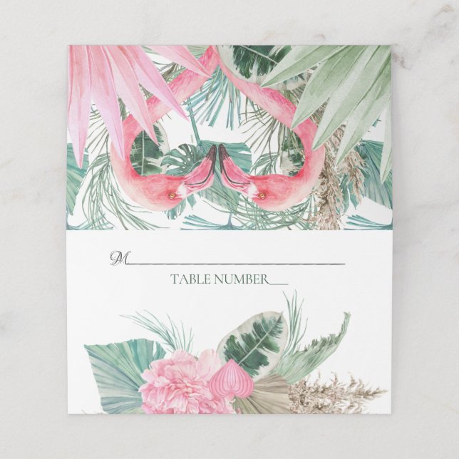 Table Number Pink Flamingo Tropical Flowers Place Card (Outside Unfolded)
