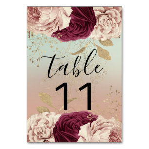 Table Number Pink Florals Rose Gold Marsala Blue