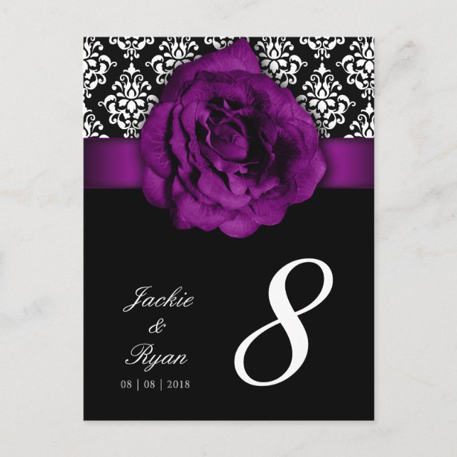 Table Number Postcard Purple Rose Damask Floral (Front)
