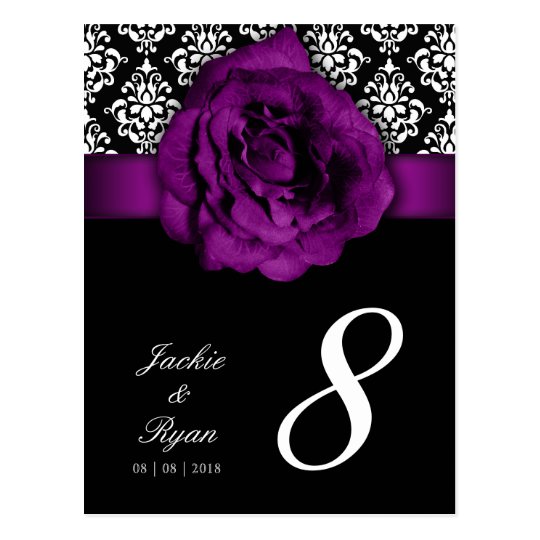 Table Number Postcard Purple Rose Damask Floral