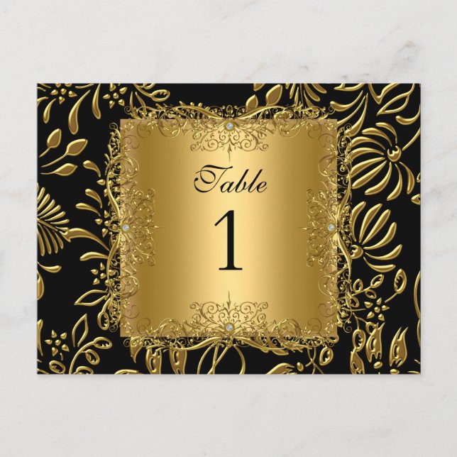 Table Number Seating Place Cards Damask Gold (Front)