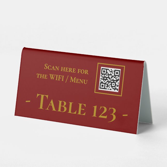 Table number sign with QR code dark red (Front)