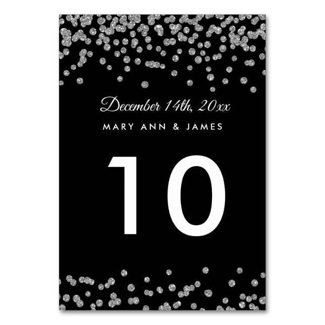 Table Number Silver Faux Glitter Confetti Black (Front)