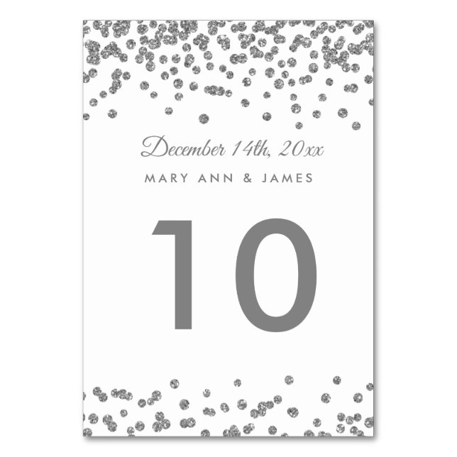 Table Number Silver Faux Glitter Confetti White (Front)