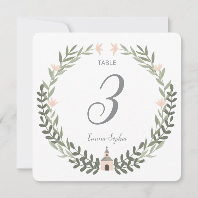 Table Number Soft Blush Floral Wreath For Baptism (Front)